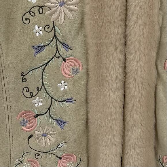 Embroidered Floral Faux Vegan Suede Sherpa Lined Boho Western Jacket Coat LARGE - Picture 3 of 11